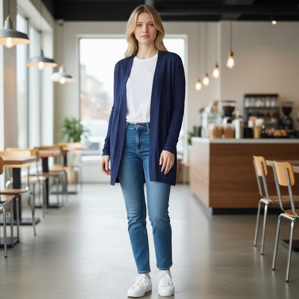 J.Crew Womens Navy Blue Open Front Cotton Blend Cardigan LG Classic Academia